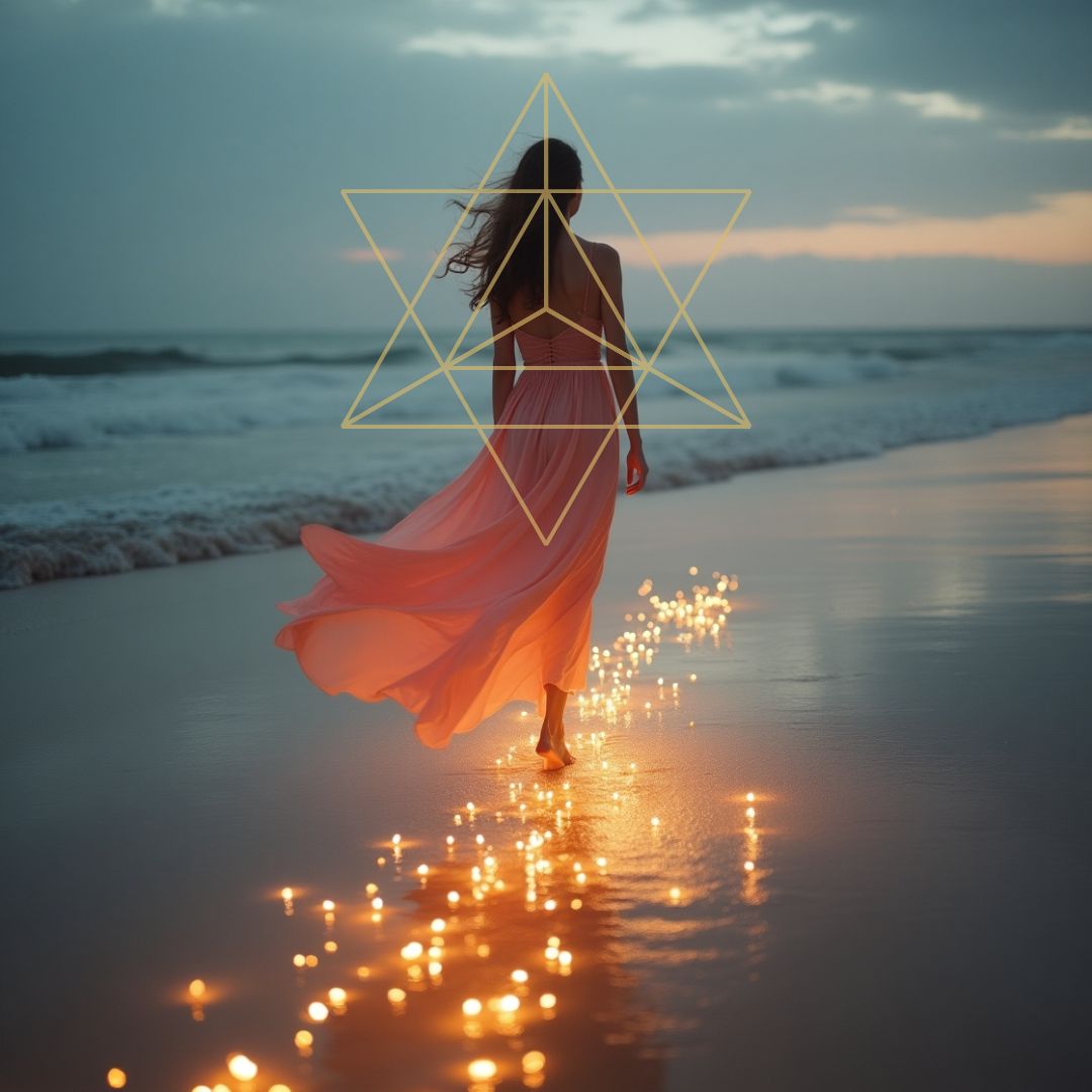 Femme en robe flottant au vent et avançant sur l’eau étoilée, guidée par la lumière