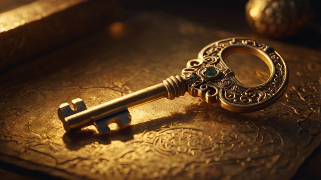 Clé dorée ancienne symbolisant l’ouverture de conscience, posée sur un fond gravé sacré – TaKaíria